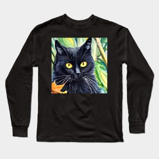 Beautiful black cat in the woods watercolor. Long Sleeve T-Shirt